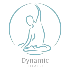 DP Logo Horizontal@2x Dynamic Pilates logo: teal line drawing of a person in a seated stretch inside a circle on a pink background