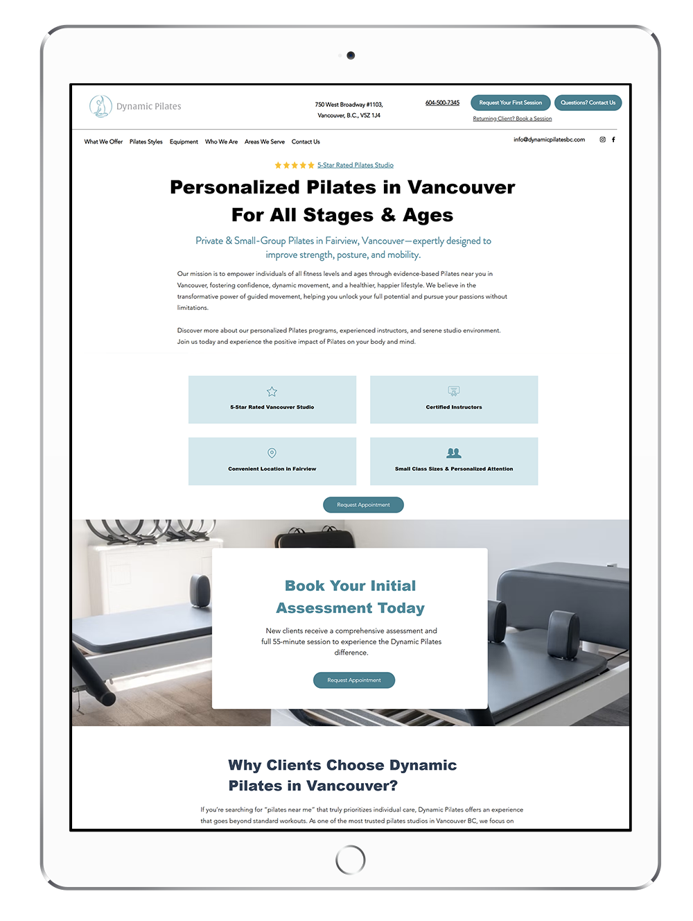 Dynamic Pilates_Home Page Dynamic Pilates Vancouver homepage on a tablet: hero headline reads 'Personalized Pilates in Vancouver For All Stages & Ages' with four light-blue feature tiles and a centered 'Book Your Initial Assessment Today' callout over a studio photo, plus a 'Request Appointment' button below.