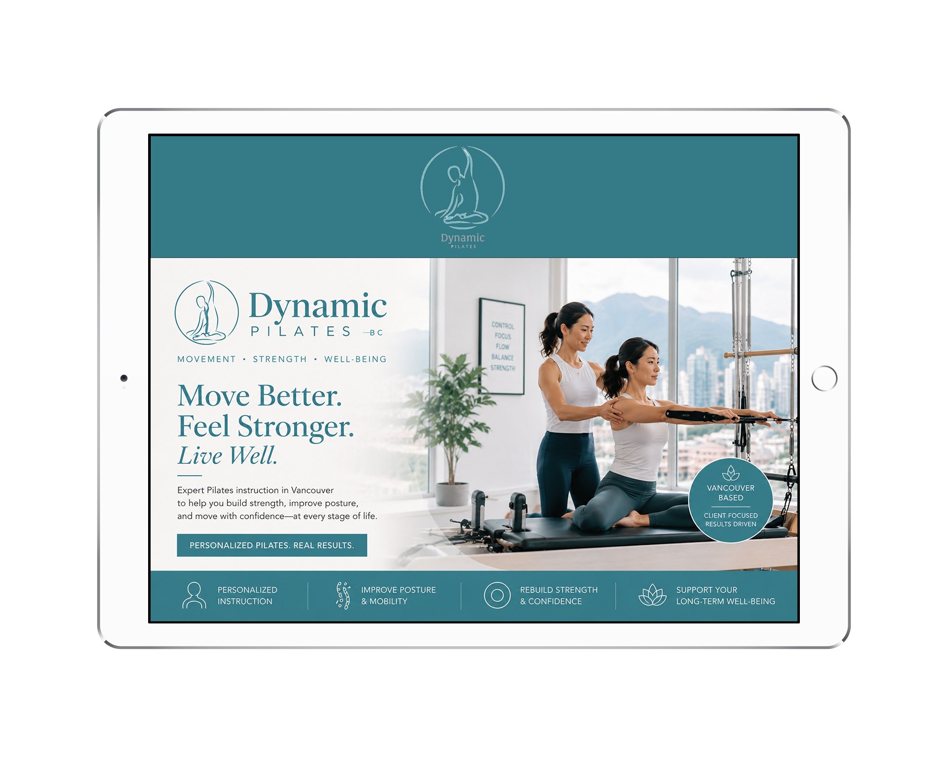 Dynamic Pilates_Social Media Dynamic Pilates BC hero banner on a tablet screen with logo and a group Pilates session in a bright studio (Move Better. Feel Stronger.).