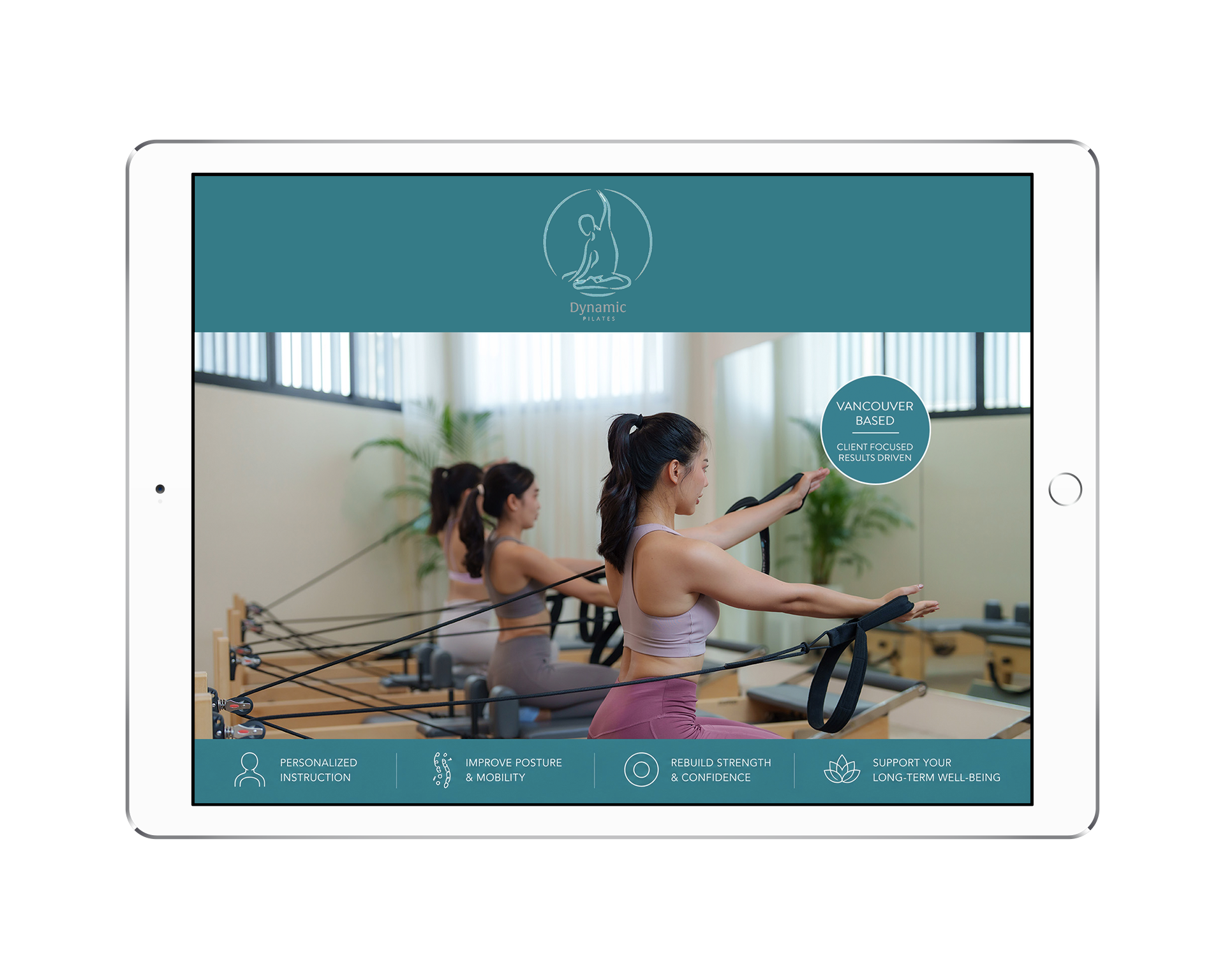 Dynamic Pilates_Social Media2 Group of women exercising on Pilates reformers in a bright studio, with a teal banner and Dynamic Pilates logo above and a Vancouver-based badge nearby.